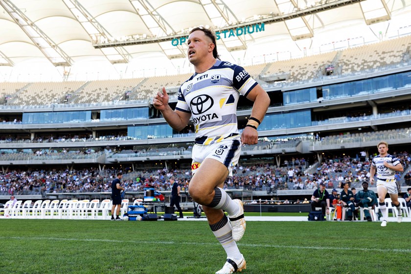 Reuben Cotter runs out at Optus Stadium earlier this year.