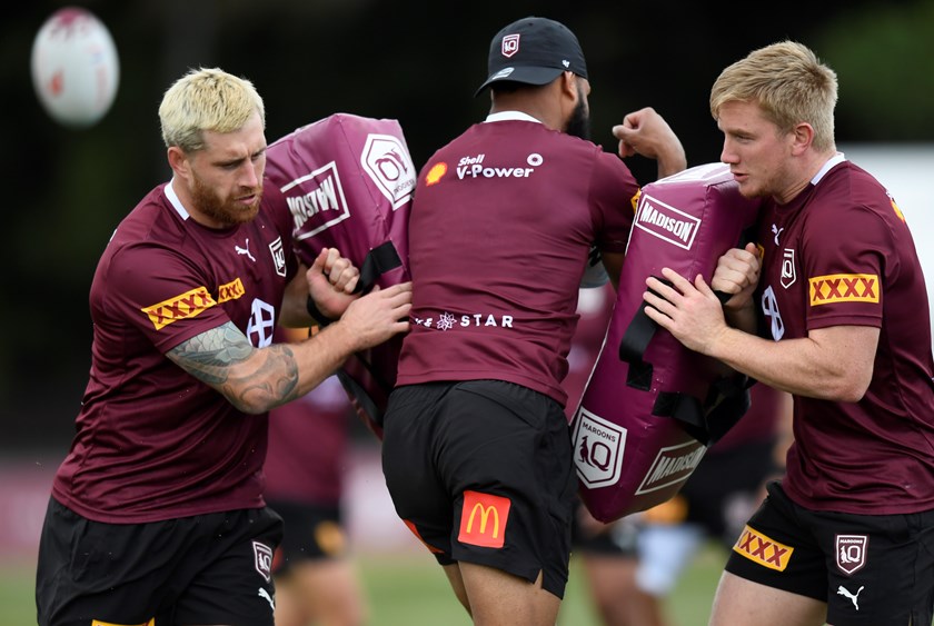 Cameron Munster and Tom Dearden at Maroons training together in 2022.