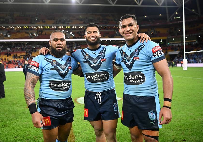 Daniel Saifiti with Payne Haas and Junior Paulo representing New South Wales.