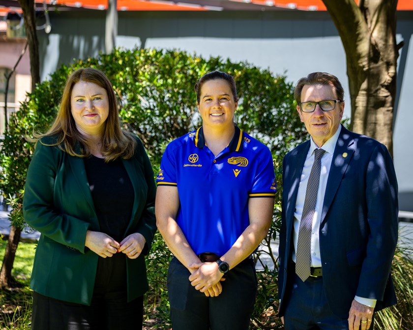 Minister for Regional NSW Tara Moriarty with Parramatta Eels halfback Rachael Pearson and Member for Wagga Wagga Dr Joe McGirr.