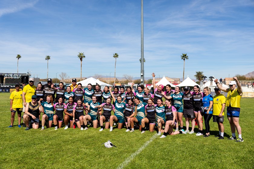 Canada's Ontario Ospreys and Australia's Titans of Coal after their opening Round 1 match at the 2026 Vegas 9s tournament.