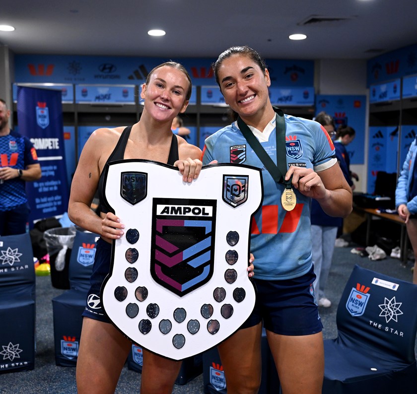 Jaime Chapman celebrates the Blues 2025 Origin success with Olivia Kernick.