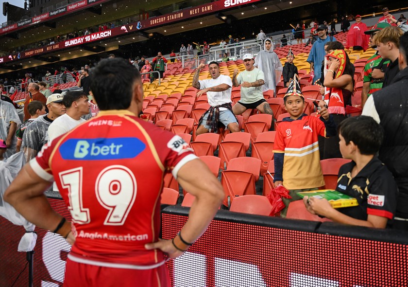 Aublix Tawha leads a haka for his former Redcliffe team-mate Brent Woolf following his NRL debut for the Dolphins.