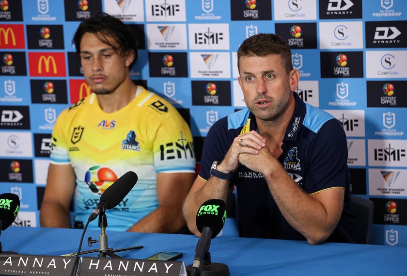 Tino Fa'asuamaleaui and coach Josh Hannay front for a post-match media conference.