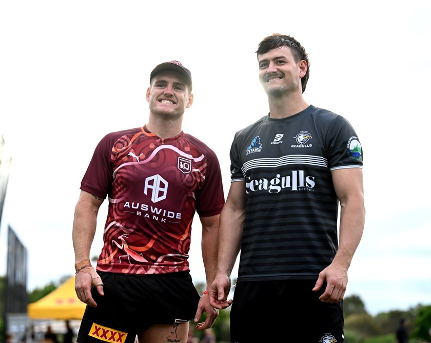 AJ Brimson with brother Will Brimson during an Maroons training camp opposed session between the Maroons and Tweed Seagulls.