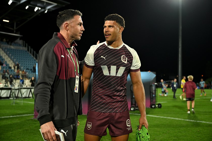 Queensland Under 19 coach Darius Boyd with 2025 player Cooper Bai.