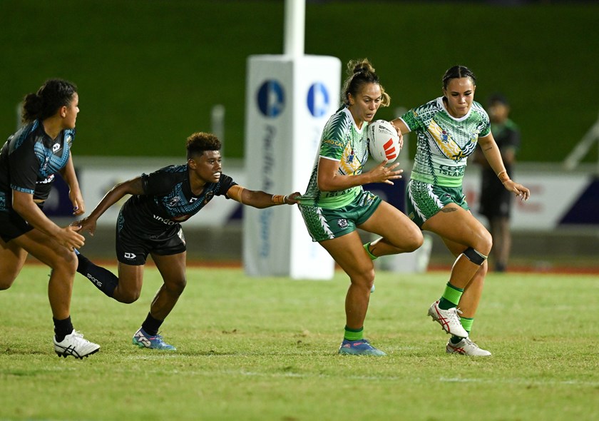Kiana Takairangi in action for Cook Islands in the Pacific Championships match against Fiji in 2024.