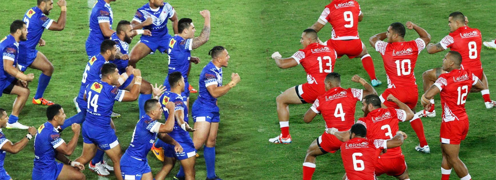 Samoa and Tonga face off with rival war dances.