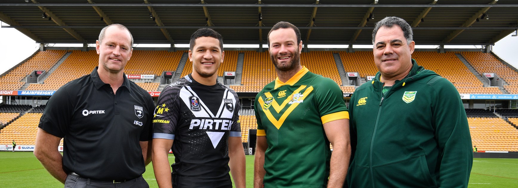 New Zealand coach Michael Maguire and captain Dallin Watene-Zelezniak with Australia captain Boyd Cordner and coach Mal Meninga.