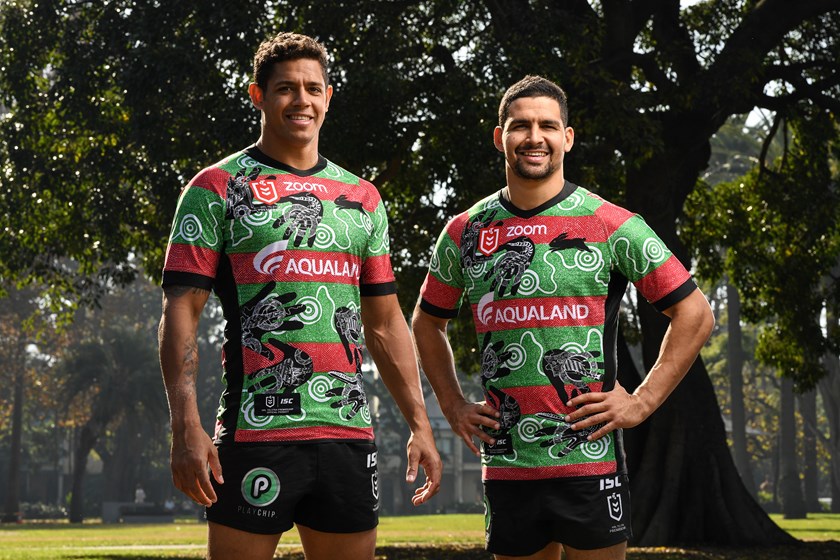 Rabbitohs stars Dane Gagai (left) and Cody Walker model the club's Indigenous Round jersey.