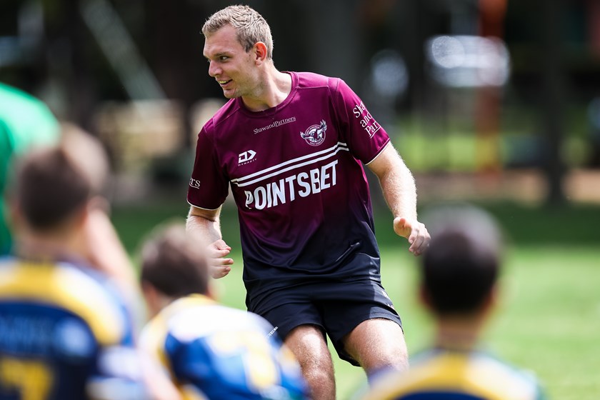 Tom Trbojevic with Willougby Roos juniors at the 2022 club rugby league launch.