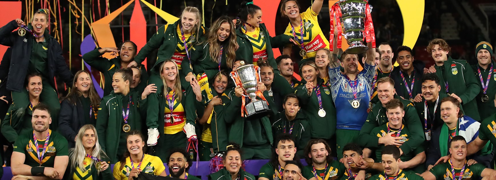 The Kangaroos and Jillaroos celebrate their World Cup success at Old Trafford