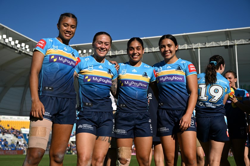 L-R: Round 1 Titans debutantes Chantay Kiria-Ratu, Niall Williams-Guthrie, Destiny Mino-Sinapati and Sienna Lofipo. ©NRL Photos