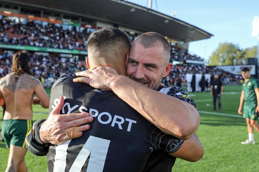 Foran and Fa'amanu Brown embrace after beating Australia 30-0 in the Pacific Championships final. 
