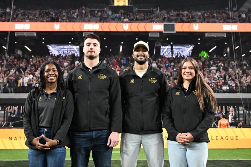 NRL Combine winners MarCaya Bailous, Kris Leach, Michael Woolridge and Megan Pakulis were presented to the crowd at Allegiant Stadium  