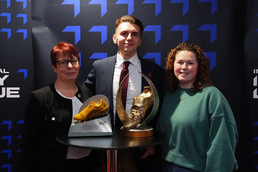 IRL Golden Boot winner Rob Hawkins with his mother Joanna and partner Emily at the 2025 presentation in Halifax.