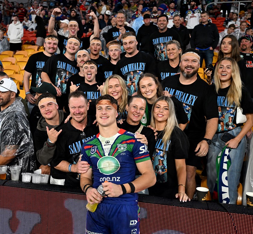 Sam Healey with family and friends after his NRL debut at Magic Round.
