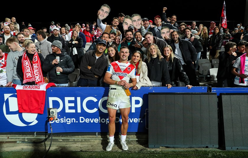 Nathan Lawson celebrates his NRL debut with some of the 85 family and friends he arranged tickets for.