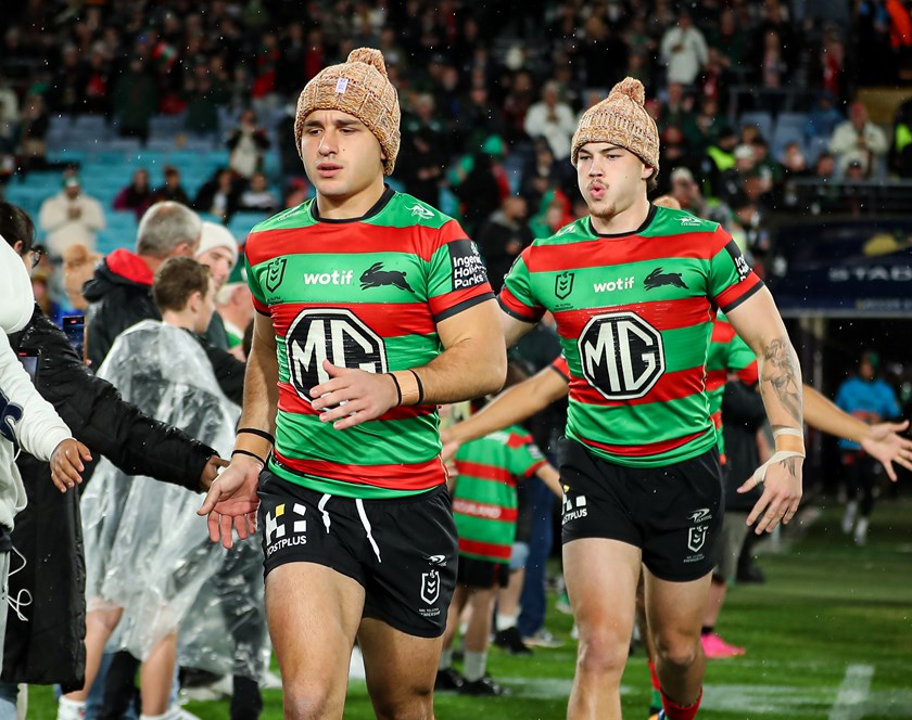 Rabbitohs Peter Mamouzelos and Tallis Duncan hit the field in Beanie Round.