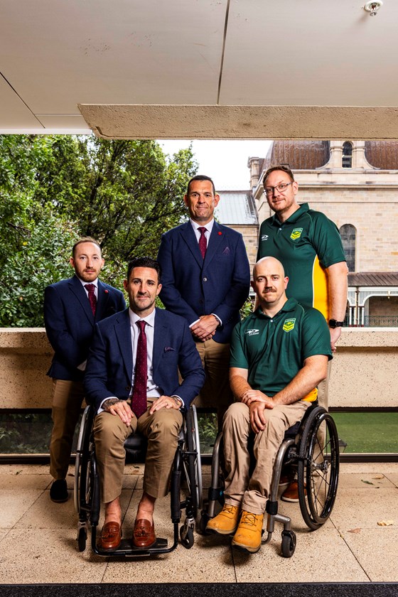 England pivot Nathan Collins and captain Lewis King with Wheelaroos captain Brad Grove  and coach Brett Clark at the launch of the Wheelchair Ashes Series.