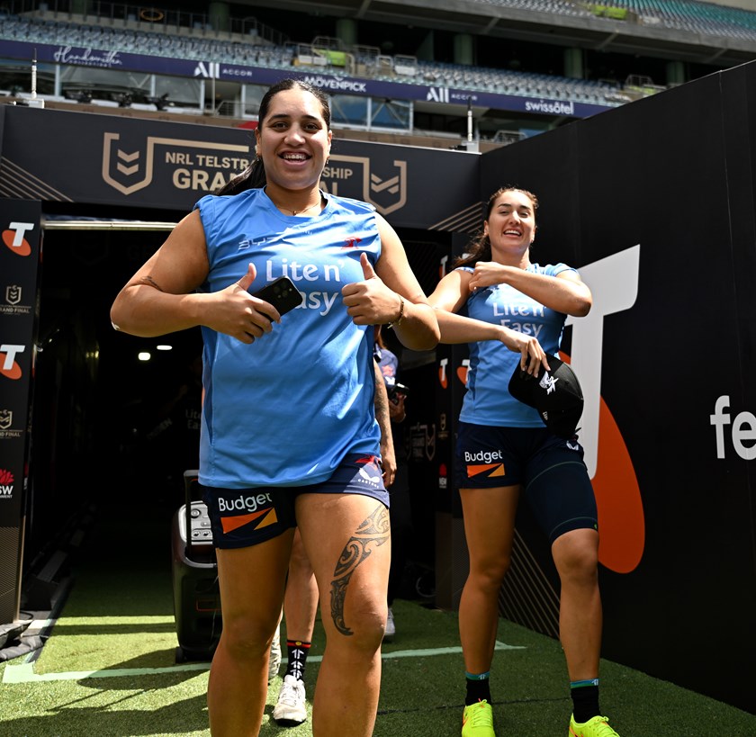 Rima Butler and Olivia Kernick at the Roosters' captains run ahead of Sunday grand final.