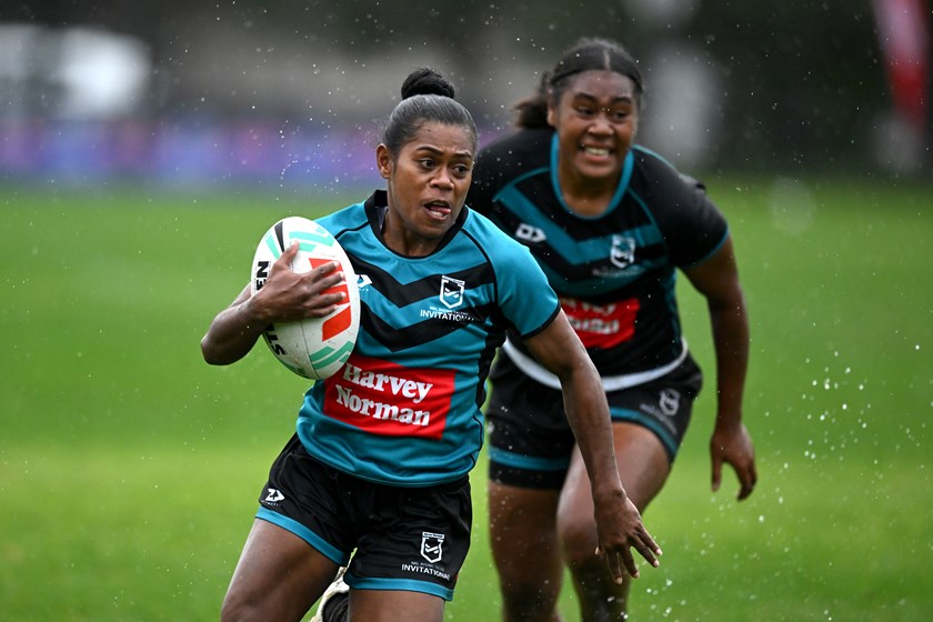 Naomi Tegu Sivoi gives chase to her Fiji countrywomen Asenaca Diranuve at the Harvey Norman Rising Talent invitational in Newcastle.