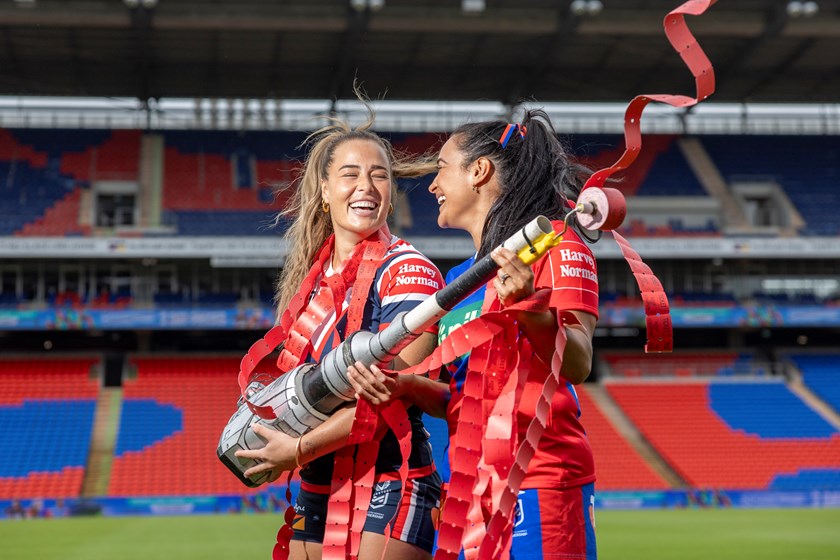 Sydney Roosters captain Isabelle Kelly and her Knights counterpart Yasmin Clydsdale at the launch of NRLW Magic Round in Newcastle.
