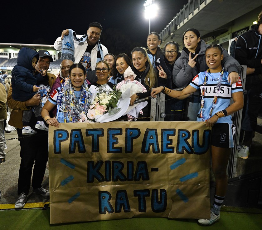 Anne-Marie Kiria-Ratu celebrates her NRLW debut in Round 4 with family, including sister Chantay.