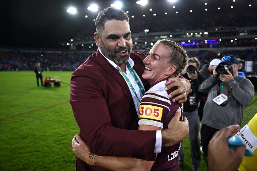 Ali Brigginshaw is congratulated by Maroons assistant coach Greg Inglis after leading Queensland to an 18-14 win in Origin III.