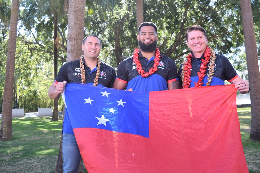 Payne Haas with Samoa team manager Hanan Laban and coach Ben Gardiner at a press conference to announce his decision to play for Samoa. 