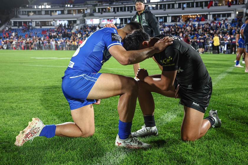 A sign of respect from Benaiah Ioelu and Kiwi Keano Kini in Auckland last Sunday.