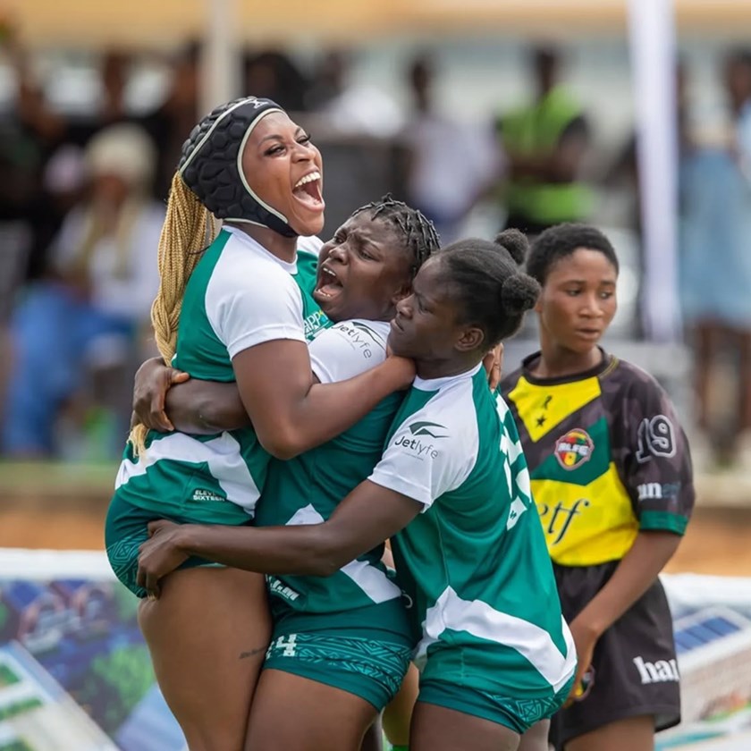 Nigeria players celebrate their 2-0 series win against Ghana to warm up for the World Series.