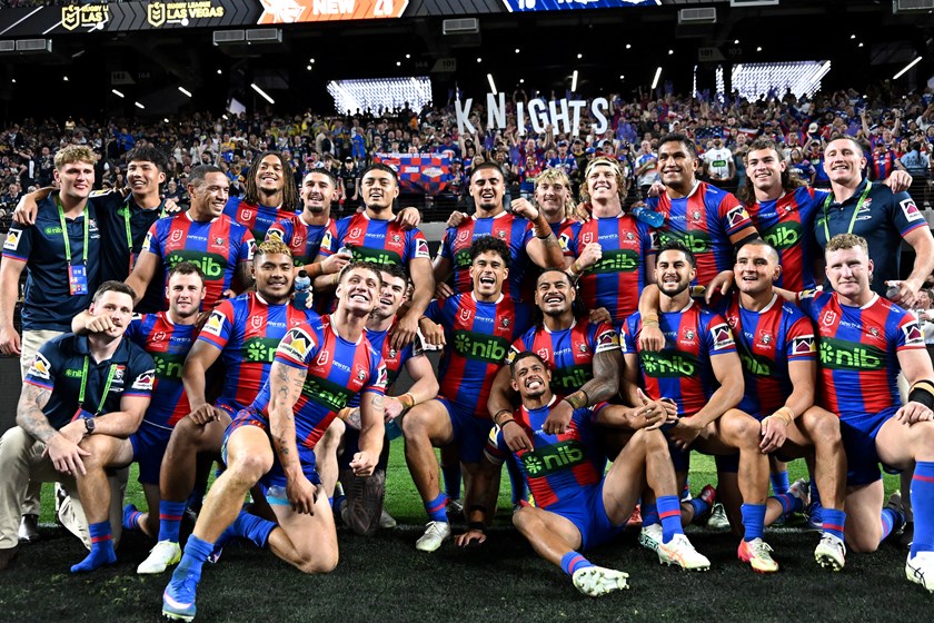 The Knights celebrate a winning start to the season in Vegas under new coach Justin Holbrook.