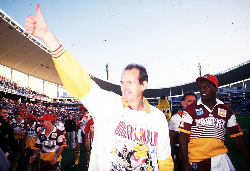 Super coach Wayne Bennett celebrates Brisbane's 1993 Grand Final win - the second of his seven premierships.