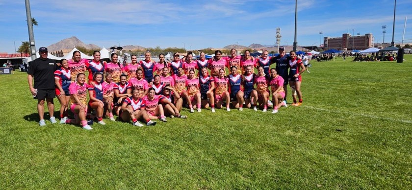 The LA Roosters and Nesian Gummas squads after their match in Vegas.