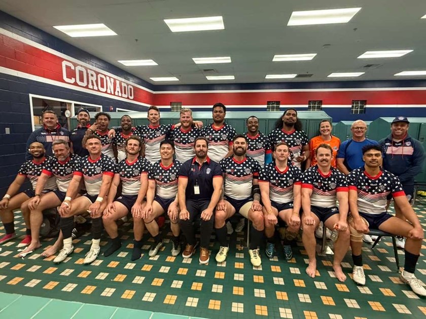 The victorious USA Hawks with new coach Adam Woolnough (centre) after their Test against Scotland in Vegas.