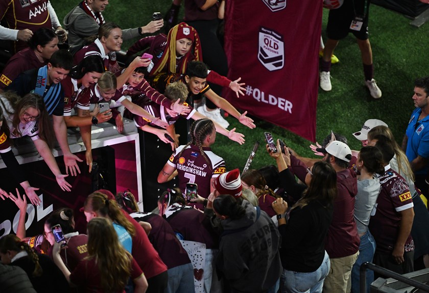 Ali Brigginshaw leads the Maroons out in her last Origin series. 