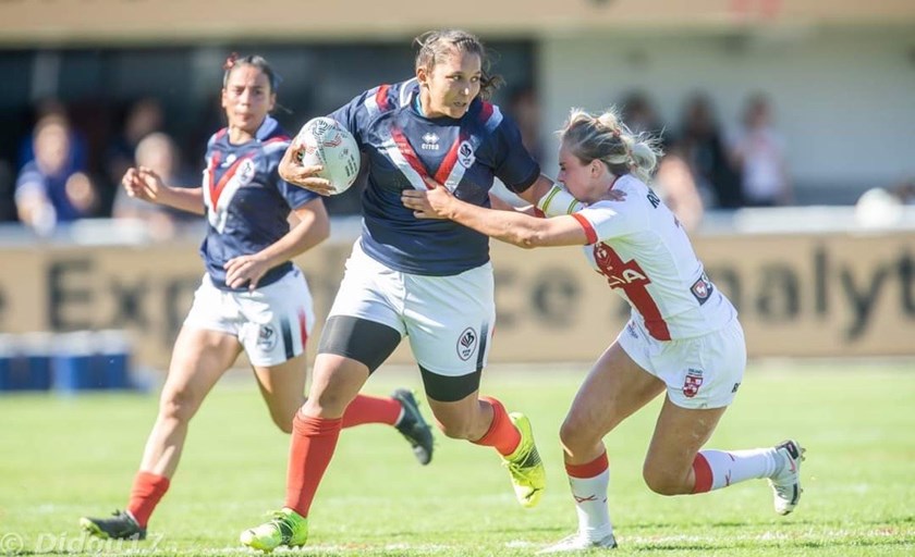 Ball playing French forward Leila Bessahli in action against England.